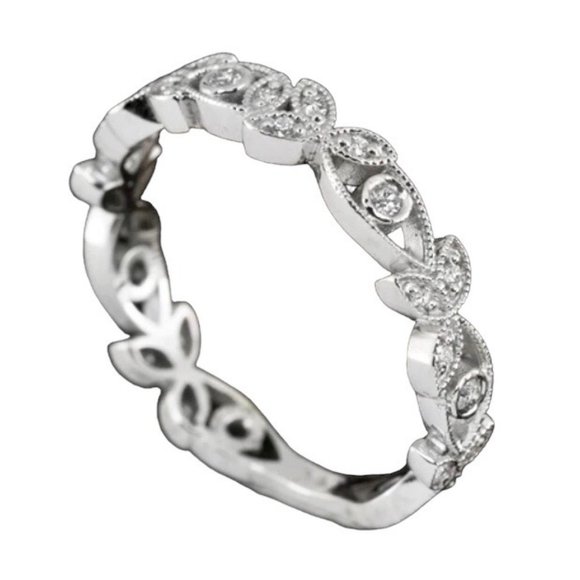 VINTAGE STYLE PLATINUM G-H VS DIAMOND WEDDING BAND FILIGREE FLORAL ART DECO RING - Picture 4 of 5